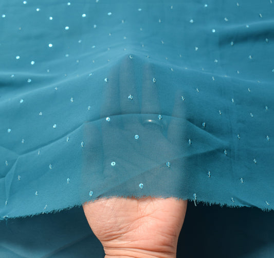 Sushila Vintage Teal Blue Sari Remnant Scrap Art Georgette Sequins Craft Fabric