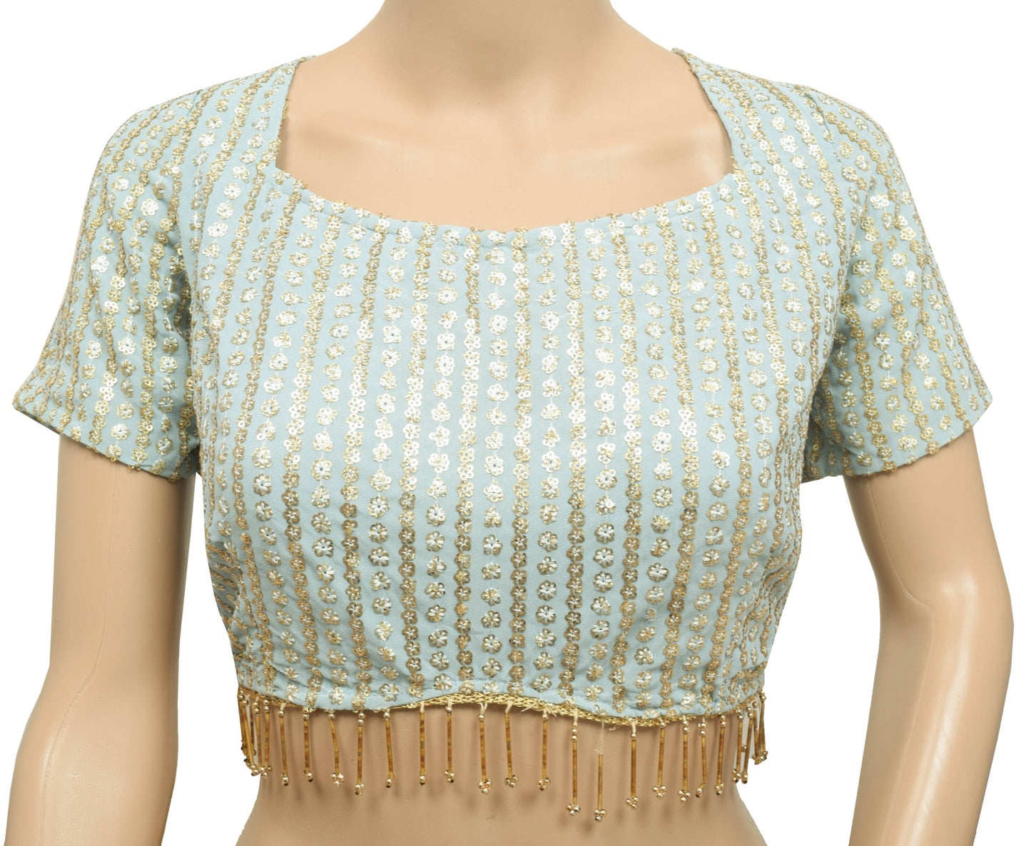 Vtg Blue Stitched Sari Blouse Sequins Embellish Designer Branded Crop Top 36