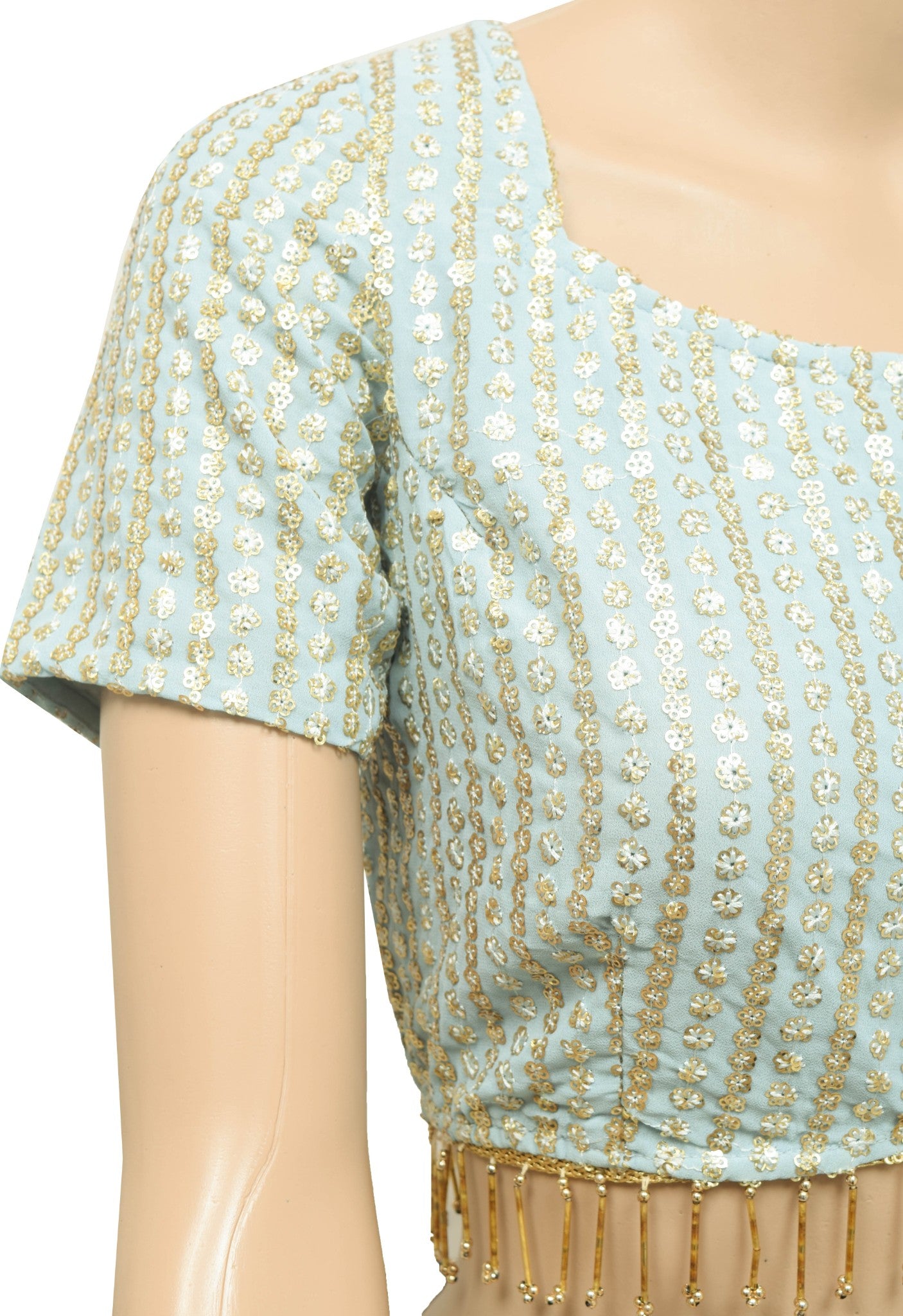 Vtg Blue Stitched Sari Blouse Sequins Embellish Designer Branded Crop Top 36