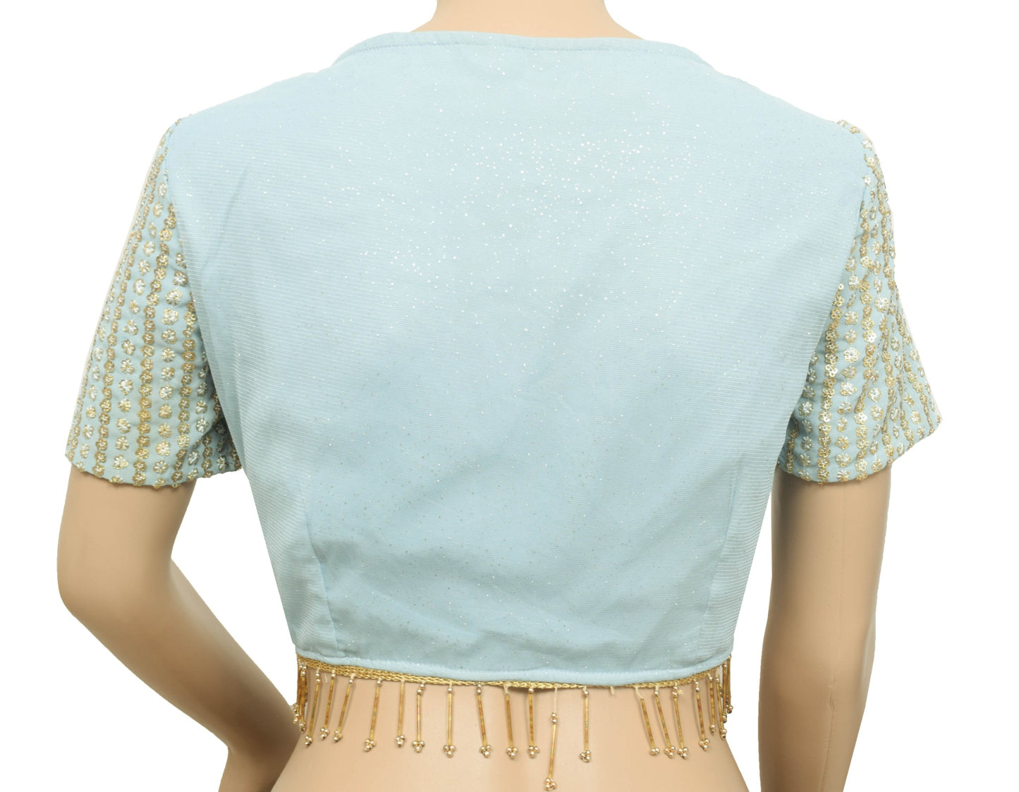 Vtg Blue Stitched Sari Blouse Sequins Embellish Designer Branded Crop Top 36
