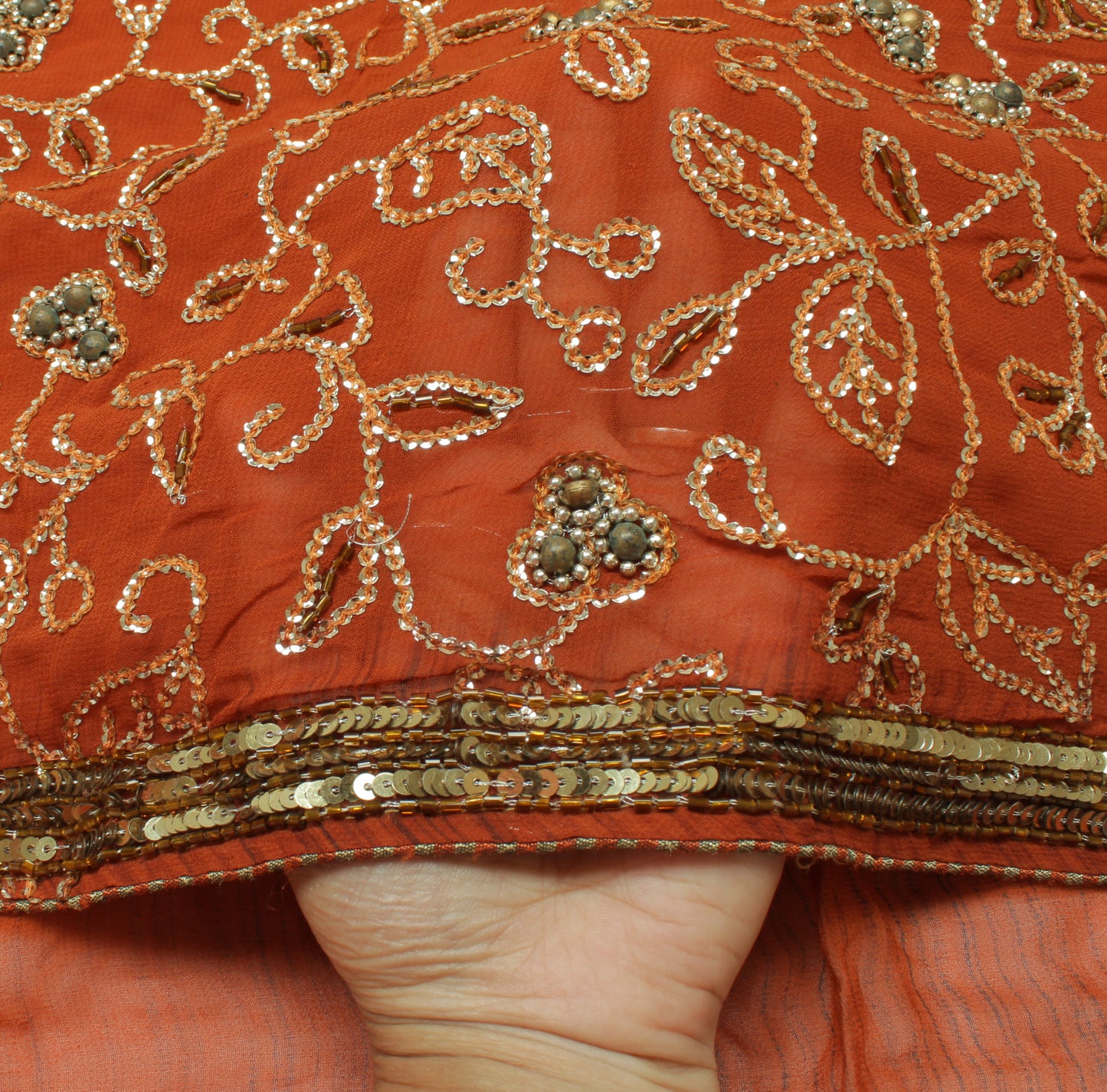 Sushila Vintage Rust HEAVY Saree Pure Georgette Sequins Embellish 6 Yard Sari Dress Fabric