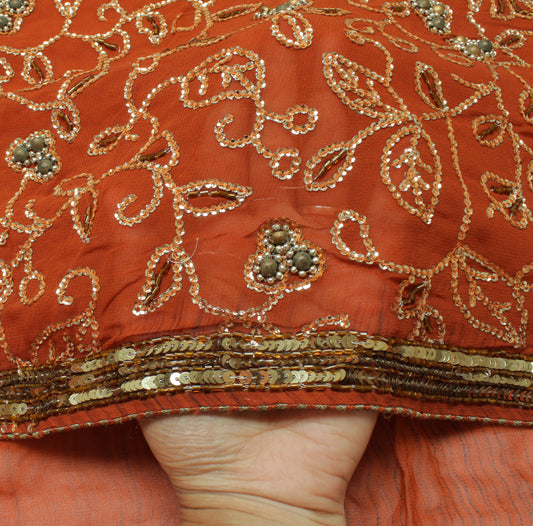Sushila Vintage Rust HEAVY Saree Pure Georgette Sequins Embellish 6 Yard Sari Dress Fabric