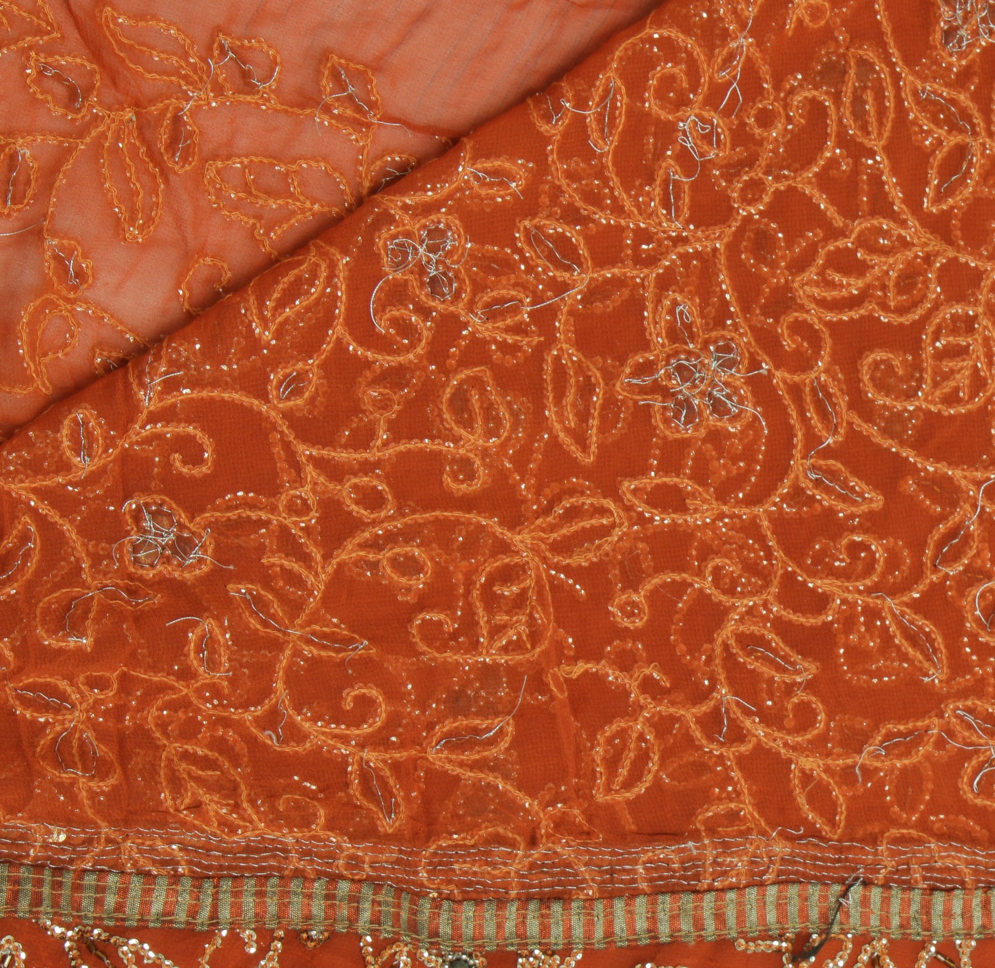 Sushila Vintage Rust HEAVY Saree Pure Georgette Sequins Embellish 6 Yard Sari Dress Fabric