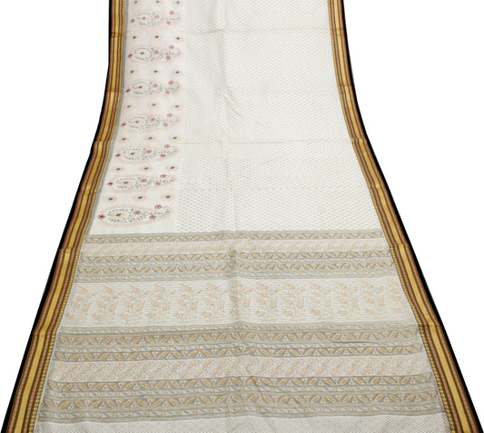 Sushila Vintage White Saree Blend Cotton Printed & Hand Embroidered Sari Fabric