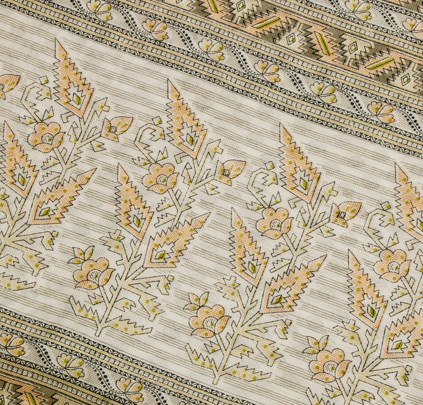 Sushila Vintage White Saree Blend Cotton Printed & Hand Embroidered Sari Fabric