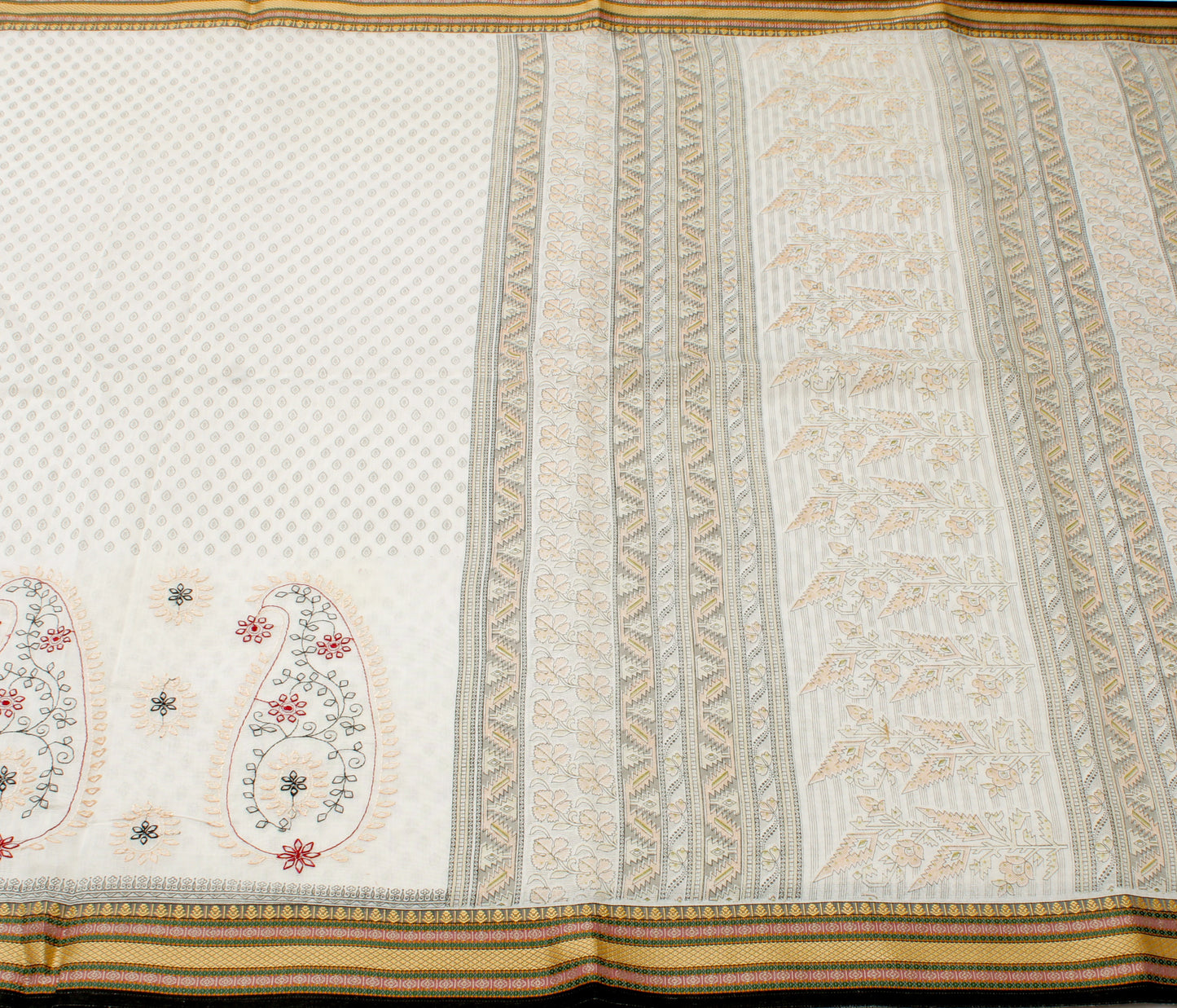 Sushila Vintage White Saree Blend Cotton Printed & Hand Embroidered Sari Fabric