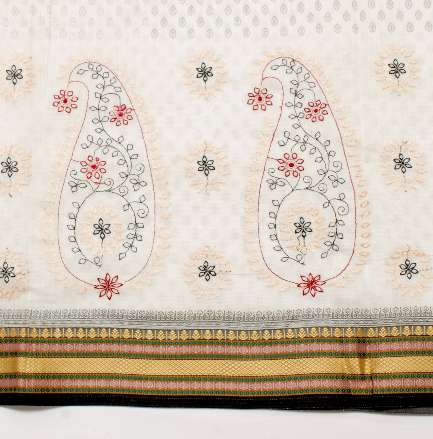 Sushila Vintage White Saree Blend Cotton Printed & Hand Embroidered Sari Fabric