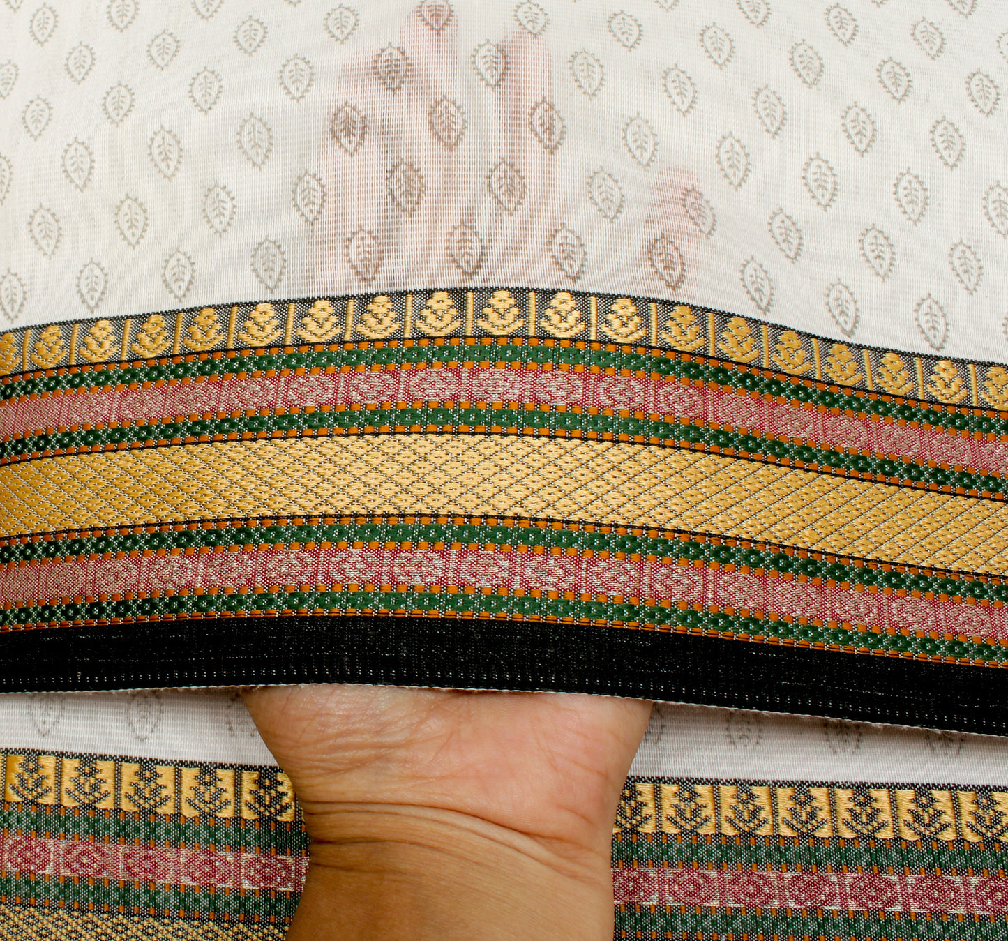 Sushila Vintage White Saree Blend Cotton Printed & Hand Embroidered Sari Fabric