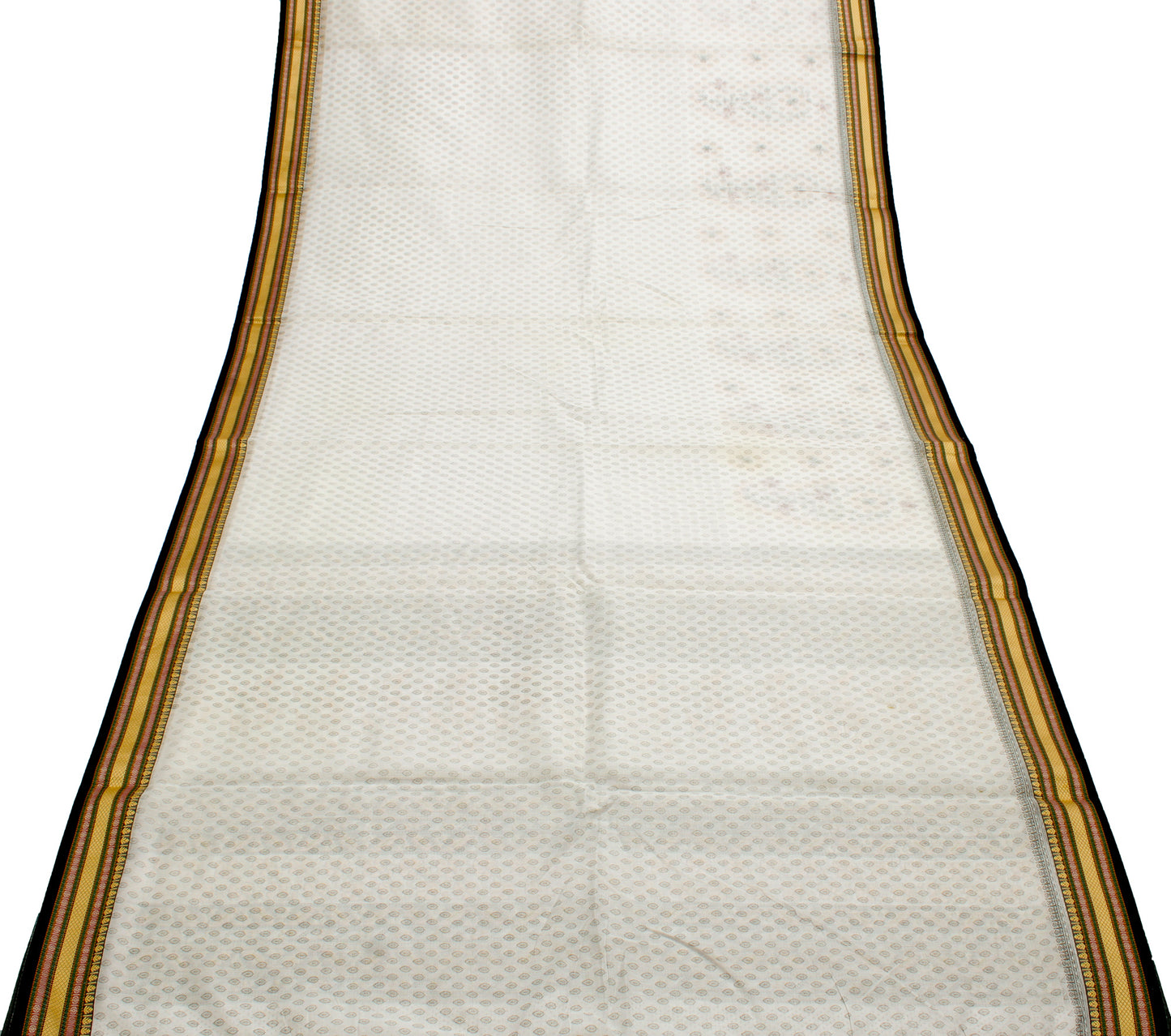 Sushila Vintage White Saree Blend Cotton Printed & Hand Embroidered Sari Fabric
