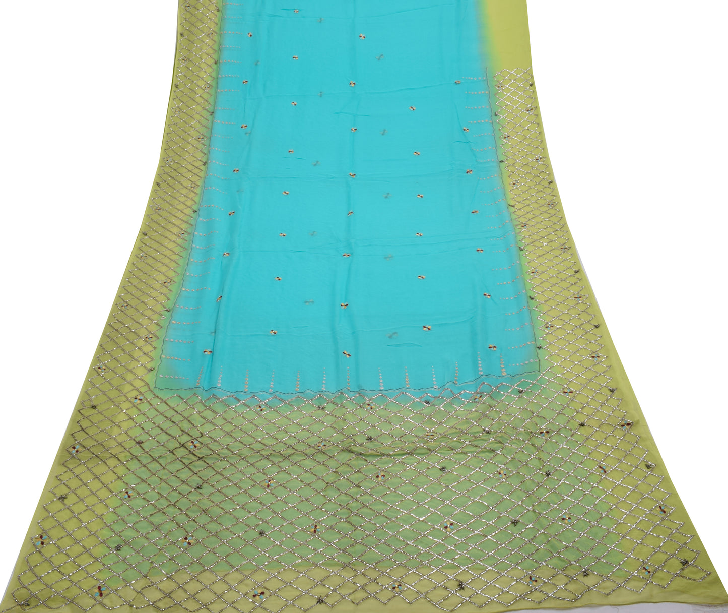 Sushila Vintage Aqua Blue Saree Pure Georgette Silk Embroidered Sari Fabric