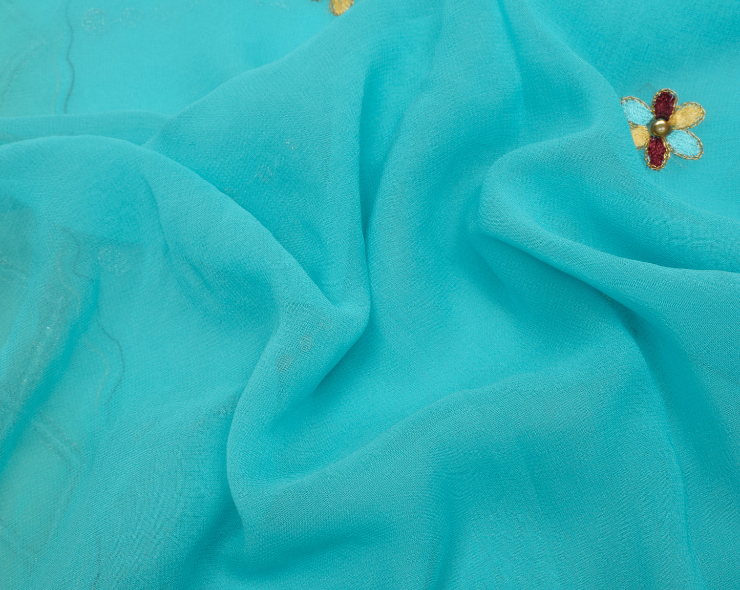 Sushila Vintage Aqua Blue Saree Pure Georgette Silk Embroidered Sari Fabric
