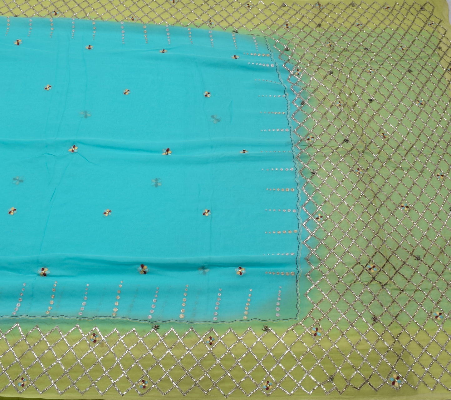 Sushila Vintage Aqua Blue Saree Pure Georgette Silk Embroidered Sari Fabric