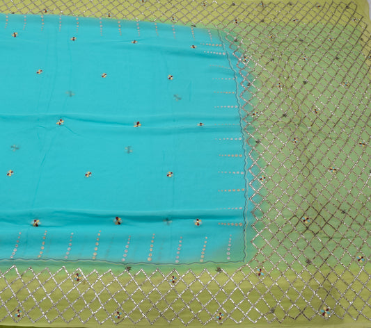 Sushila Vintage Aqua Blue Saree Pure Georgette Silk Embroidered Sari Fabric