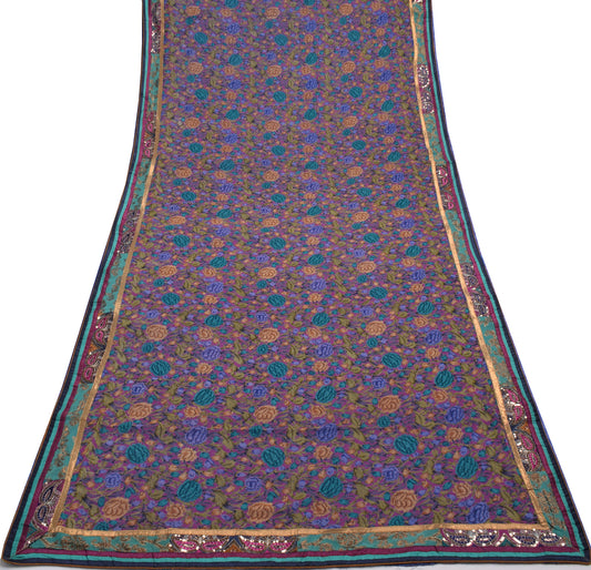 Sushila Vintage Purple Saree 100% Pure Georgette Silk Printed Floral Sari Fabric