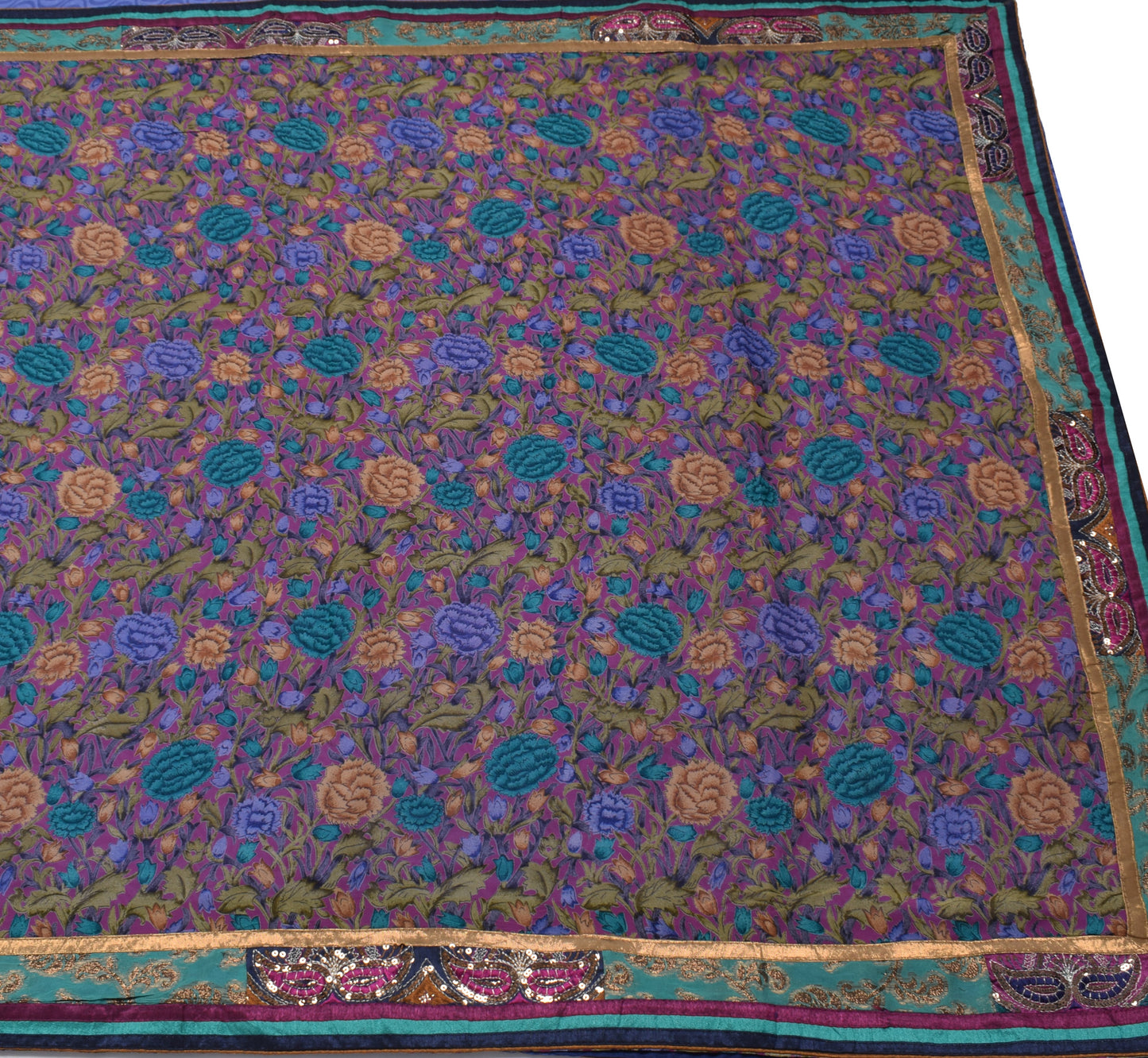 Sushila Vintage Purple Saree 100% Pure Georgette Silk Printed Floral Sari Fabric