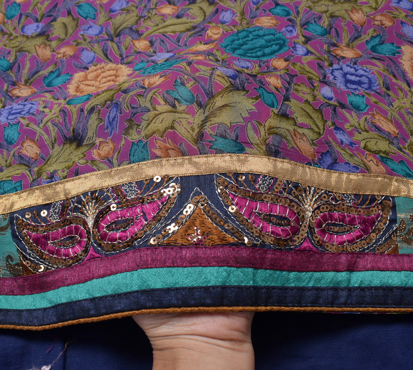 Sushila Vintage Purple Saree 100% Pure Georgette Silk Printed Floral Sari Fabric