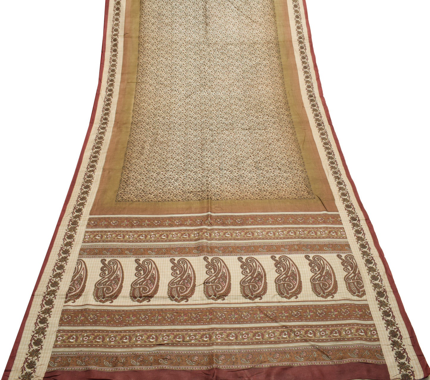 Sushila Vintage Cream Saree 100% Pure Silk Woven Floral Soft Sari Craft Fabric
