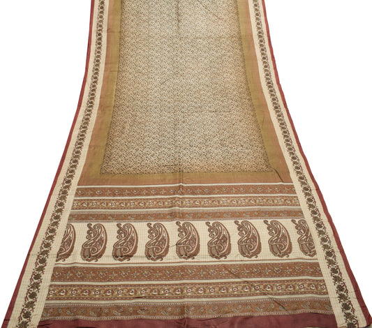 Sushila Vintage Cream Saree 100% Pure Silk Woven Floral Soft Sari Craft Fabric