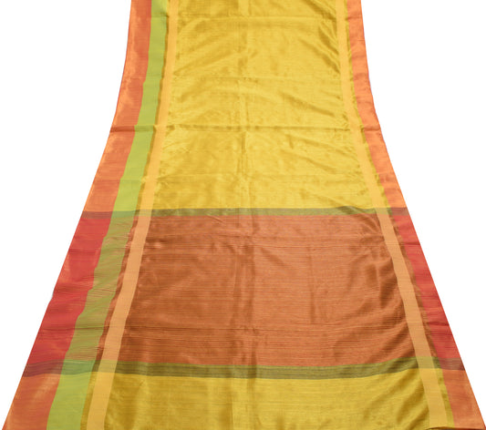 Sushila Vintage Yellow Indian Saree Art Silk Woven Stripes Sari 5YD Craft Fabric