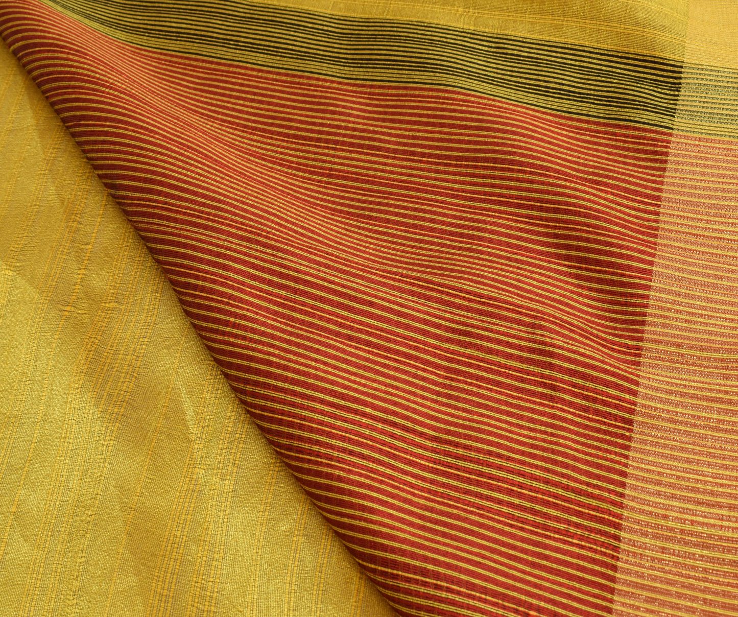 Sushila Vintage Yellow Indian Saree Art Silk Woven Stripes Sari 5YD Craft Fabric