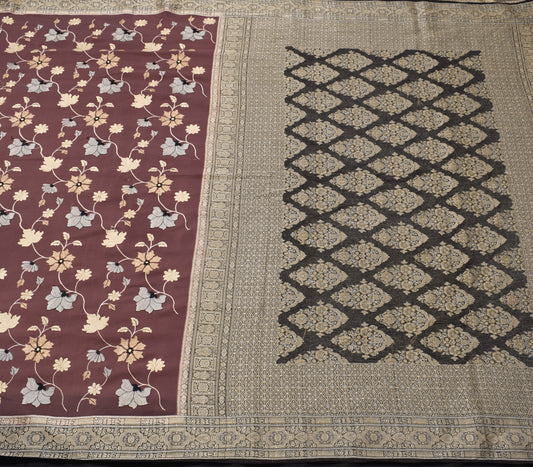 Sushila Vintage Maroon Saree 100% Pure Silk Embroidered Floral Sari Craft Fabric