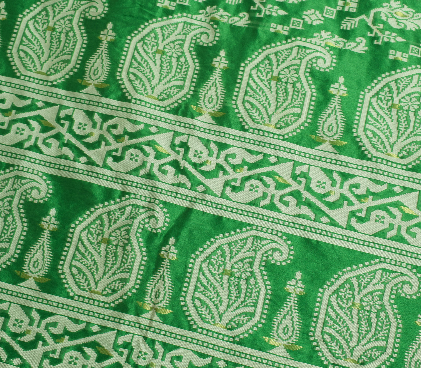Sushila Vintage Green Saree Art Silk All Over Woven Paisley Sari Craft Fabric