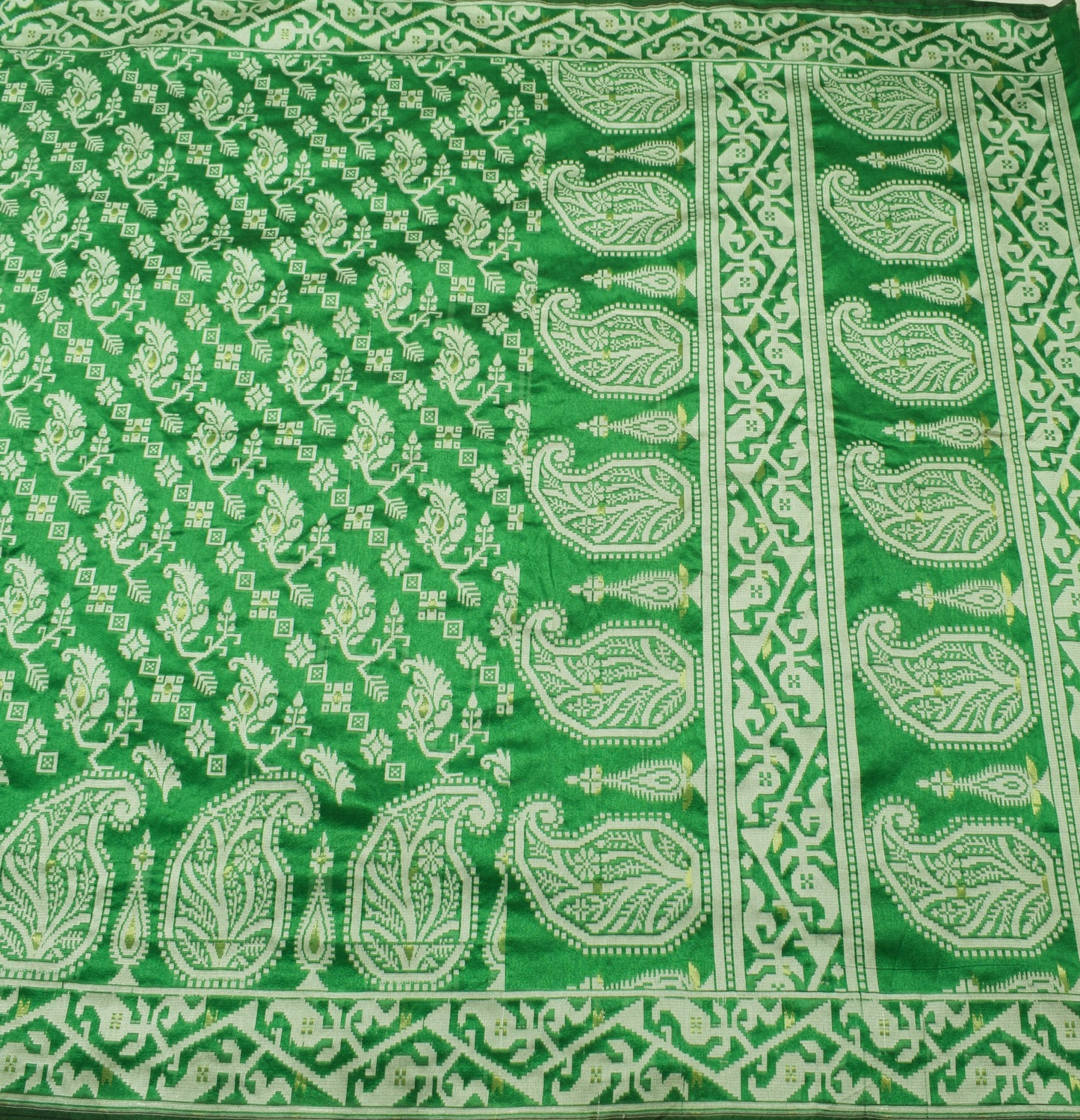 Sushila Vintage Green Saree Art Silk All Over Woven Paisley Sari Craft Fabric