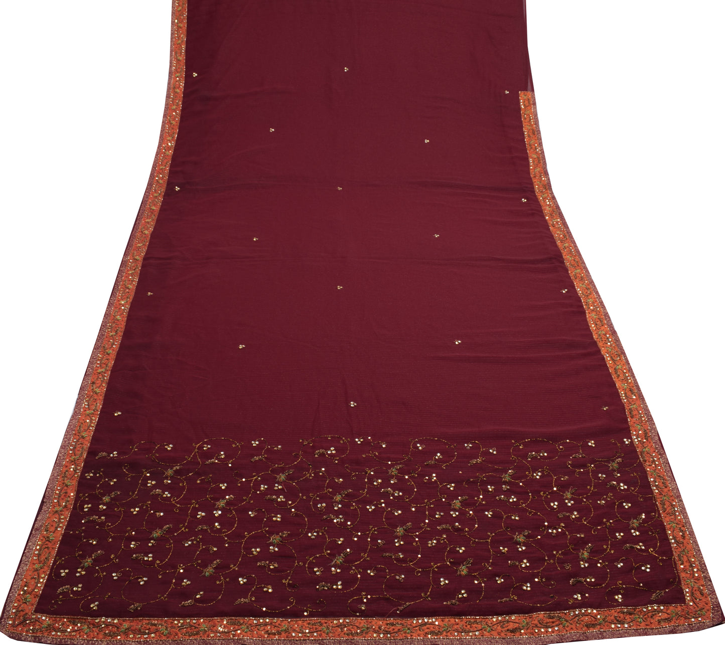 Sushila Vintage Maroon Saree Blend Georgette Silk Hand Beaded Floral Sari Fabric