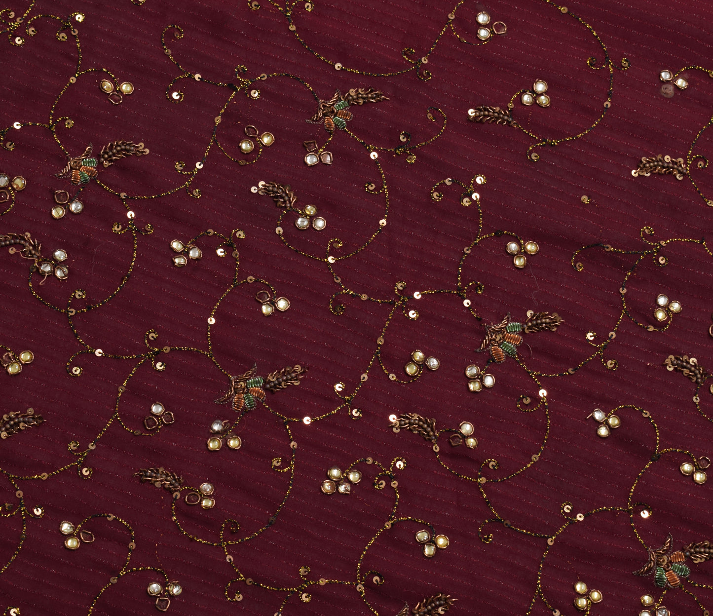 Sushila Vintage Maroon Saree Blend Georgette Silk Hand Beaded Floral Sari Fabric