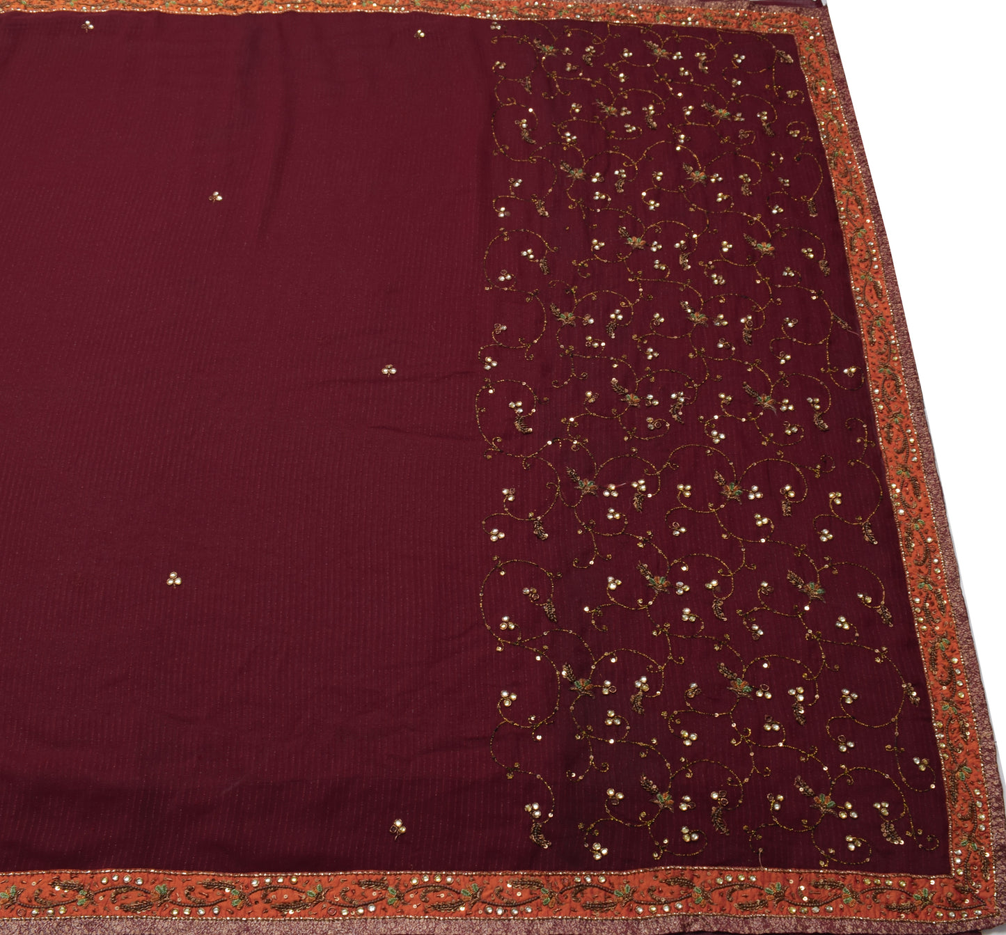 Sushila Vintage Maroon Saree Blend Georgette Silk Hand Beaded Floral Sari Fabric