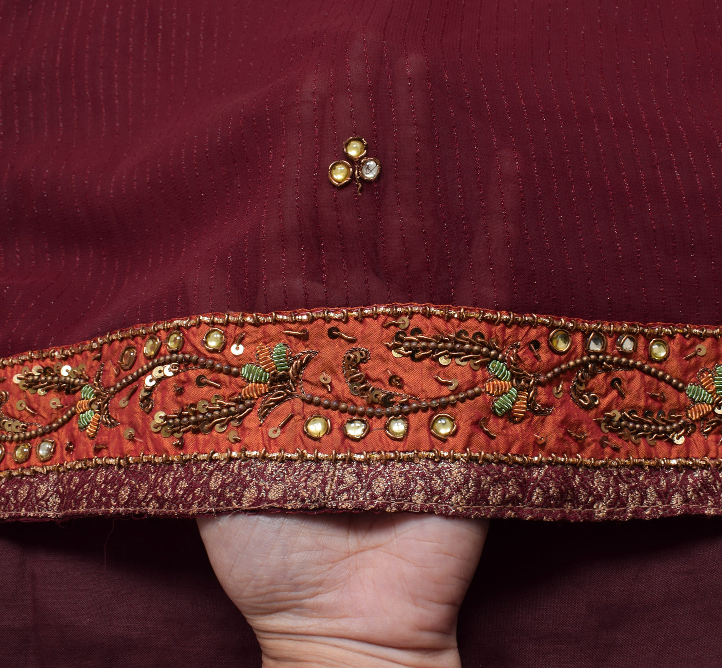 Sushila Vintage Maroon Saree Blend Georgette Silk Hand Beaded Floral Sari Fabric