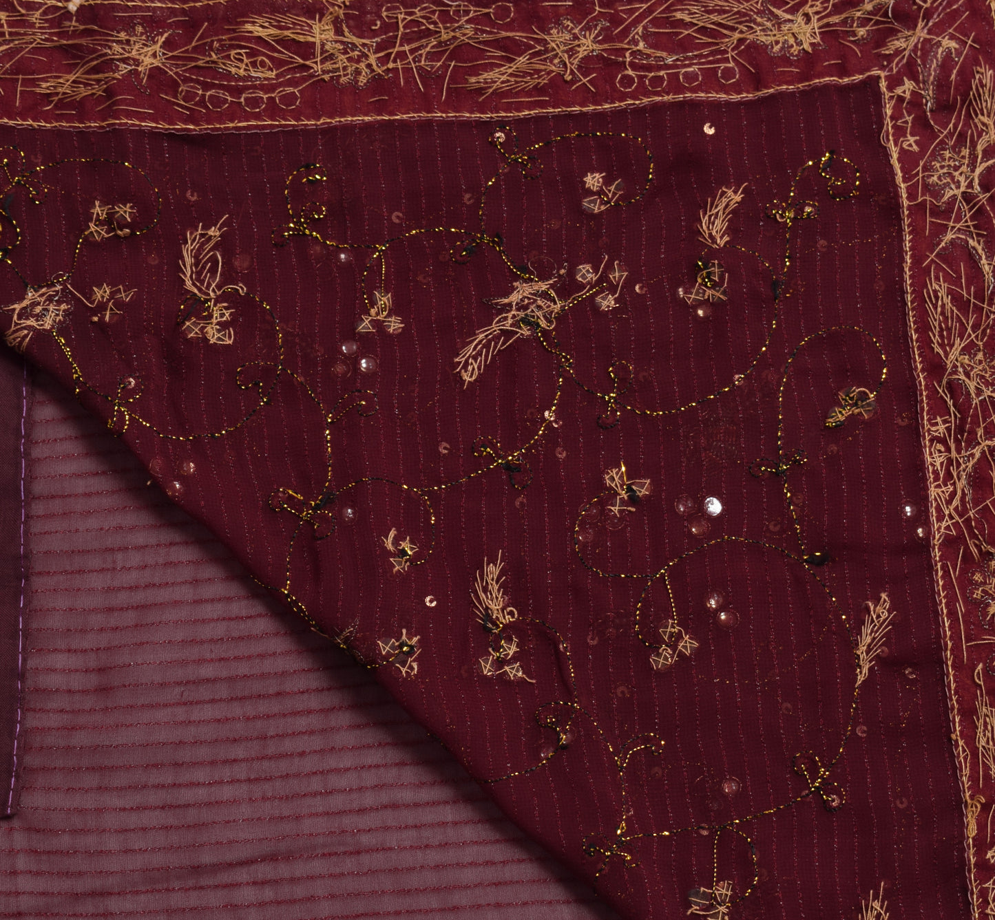 Sushila Vintage Maroon Saree Blend Georgette Silk Hand Beaded Floral Sari Fabric
