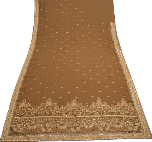 Sushila Vintage Brown BRANDED Saree Blend Georgette Silk Embroidered Sari Fabric