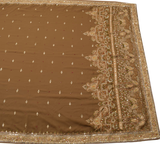 Sushila Vintage Brown BRANDED Saree Blend Georgette Silk Embroidered Sari Fabric