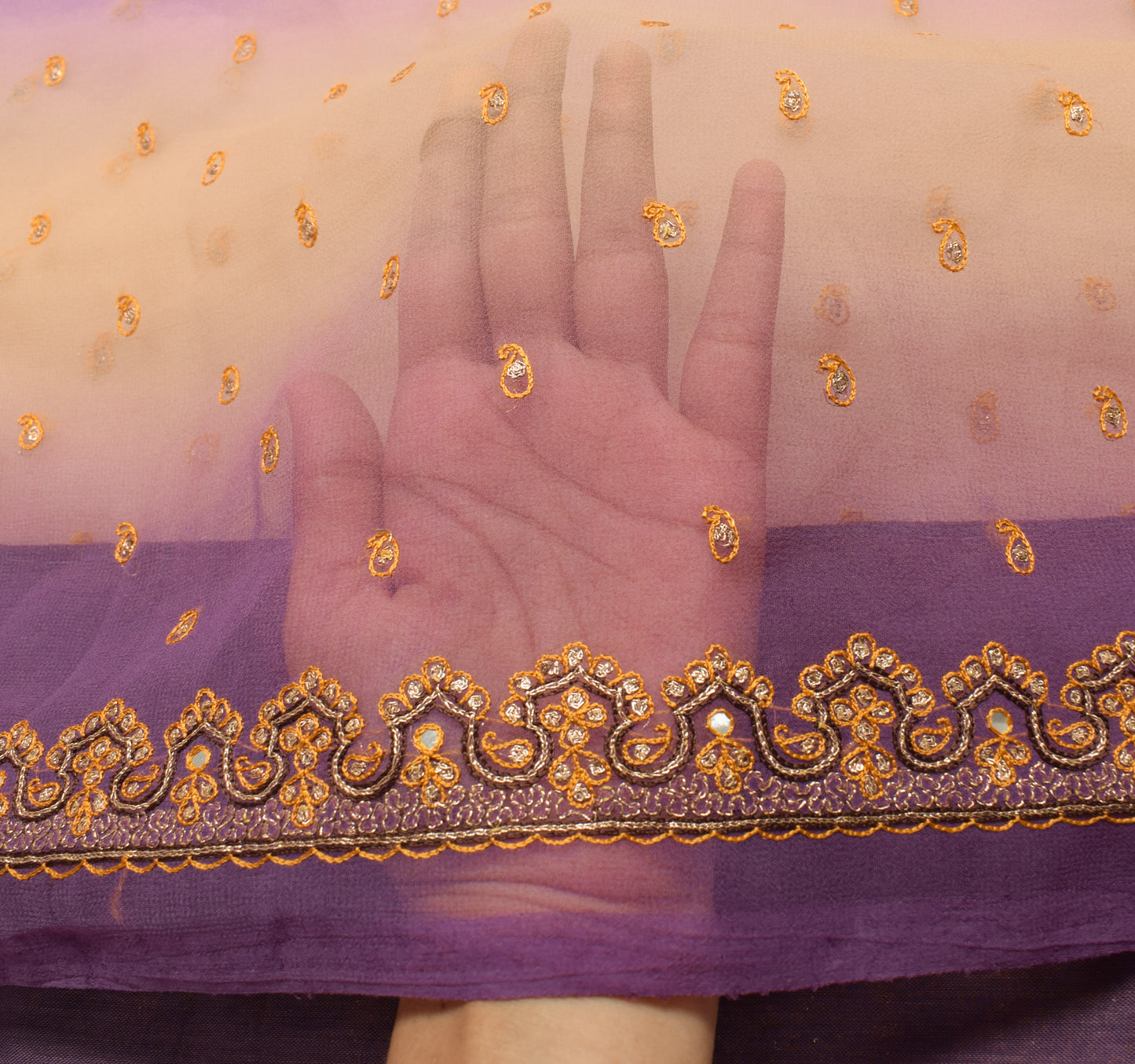 Sushila Vintage Lavender Saree Art Georgette Silk Embroidered Sari Craft Fabric