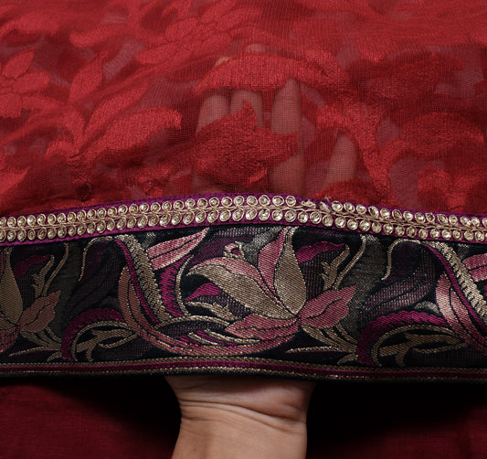 Sushila Vintage Maroon Indian Saree Art Silk Floral Patch Work Sari Craft Fabric