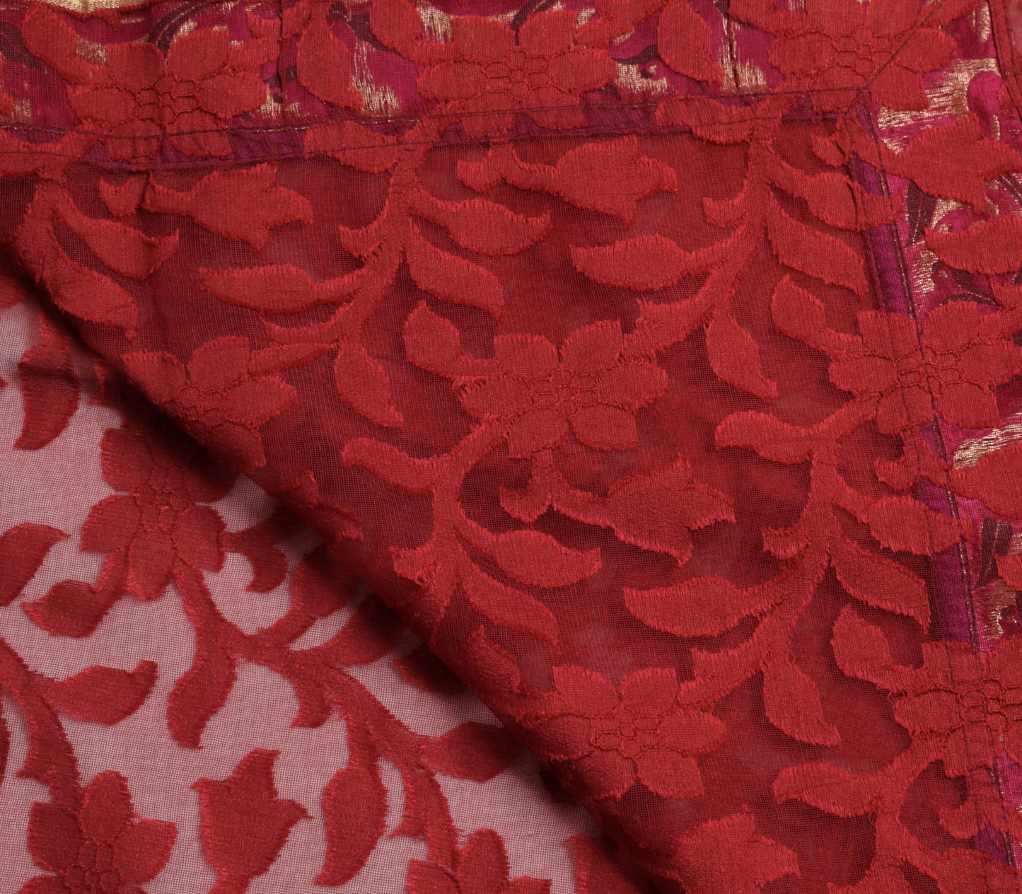 Sushila Vintage Maroon Indian Saree Art Silk Floral Patch Work Sari Craft Fabric