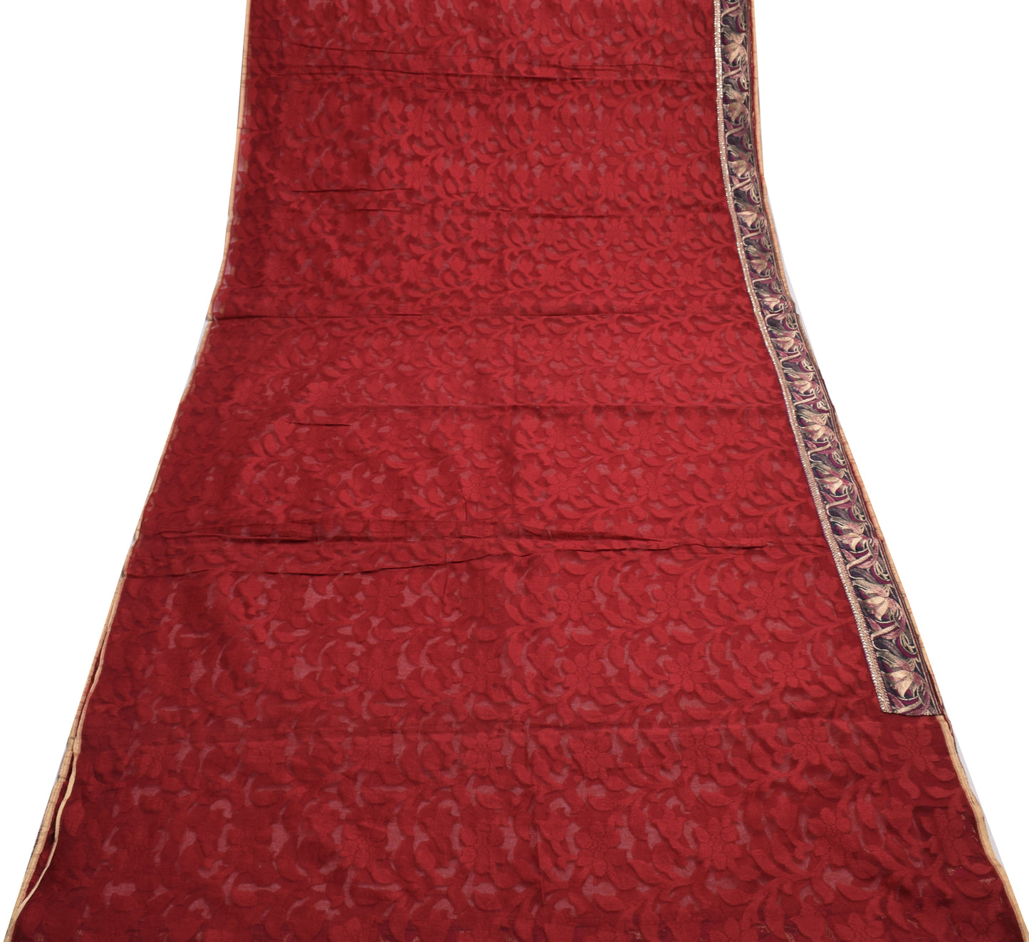 Sushila Vintage Maroon Indian Saree Art Silk Floral Patch Work Sari Craft Fabric