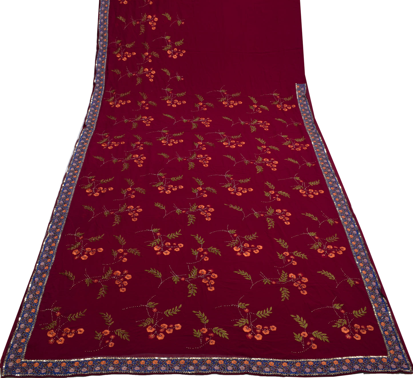 Sushila Vintage Maroon Saree 100% Pure Georgette Silk Hand Beaded Sari Fabric