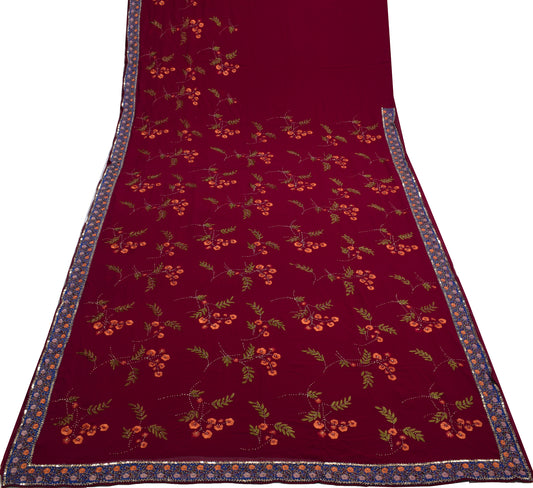 Sushila Vintage Maroon Saree 100% Pure Georgette Silk Hand Beaded Sari Fabric
