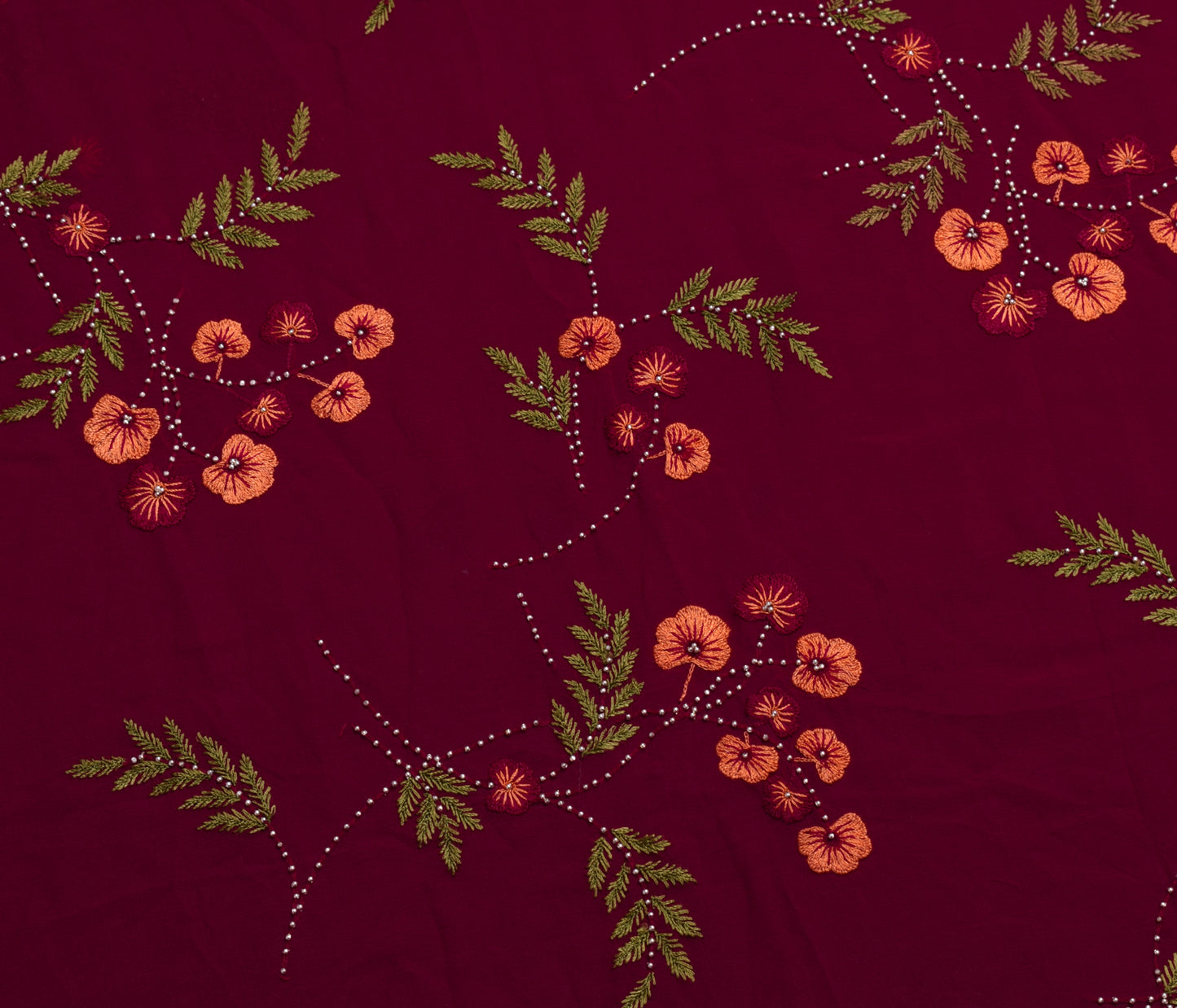 Sushila Vintage Maroon Saree 100% Pure Georgette Silk Hand Beaded Sari Fabric