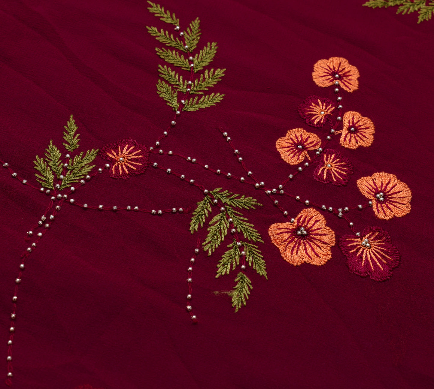 Sushila Vintage Maroon Saree 100% Pure Georgette Silk Hand Beaded Sari Fabric