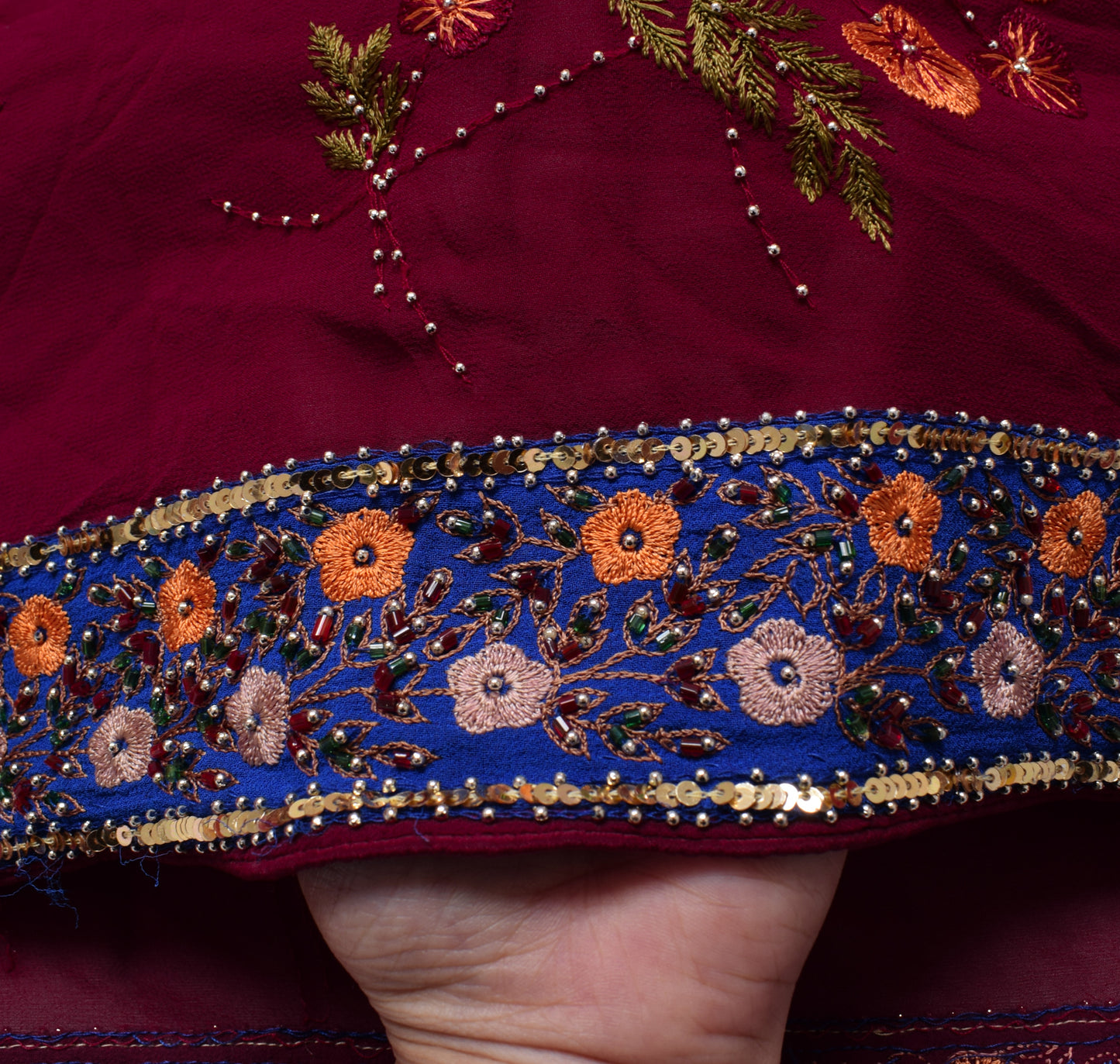 Sushila Vintage Maroon Saree 100% Pure Georgette Silk Hand Beaded Sari Fabric