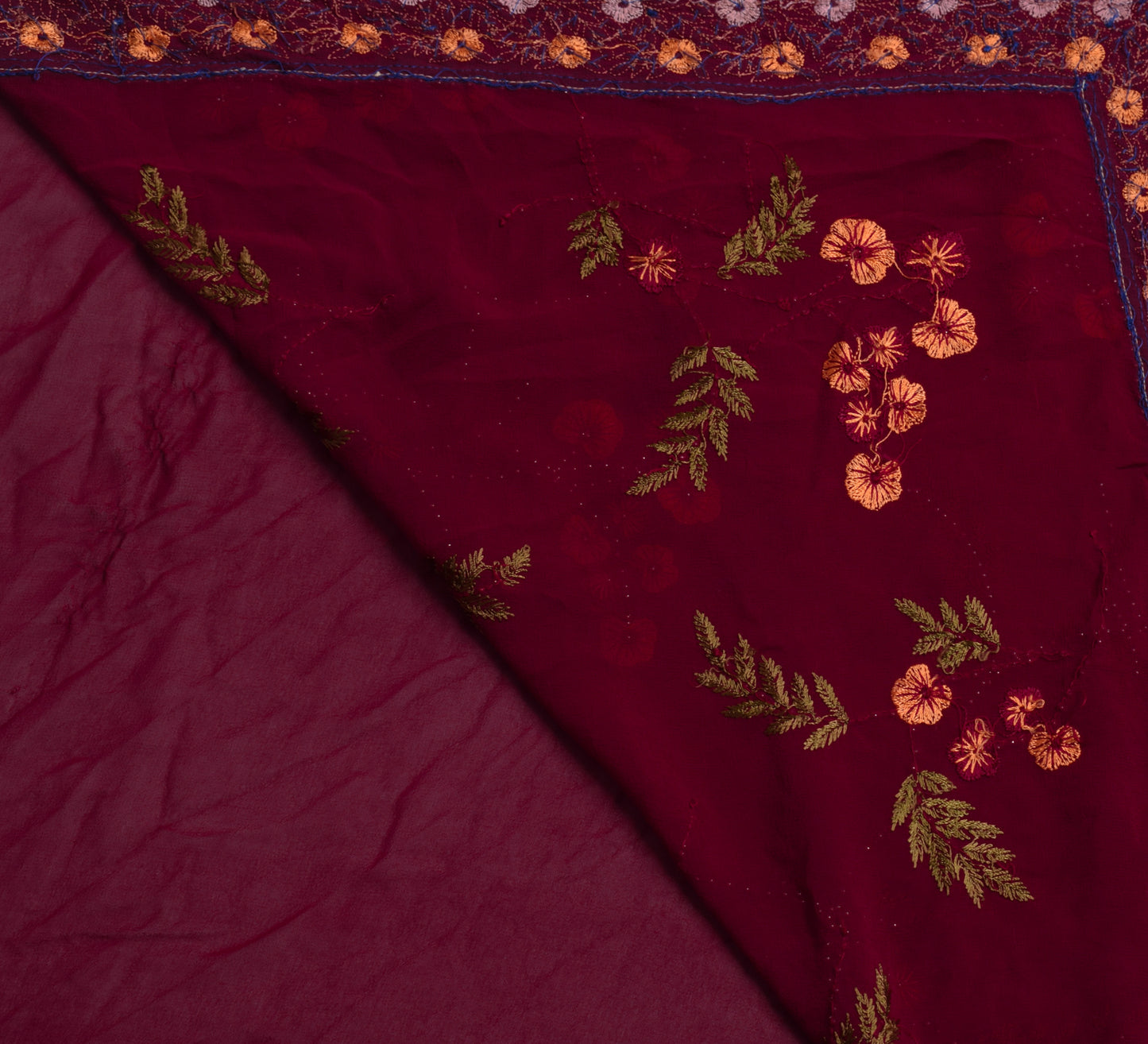 Sushila Vintage Maroon Saree 100% Pure Georgette Silk Hand Beaded Sari Fabric