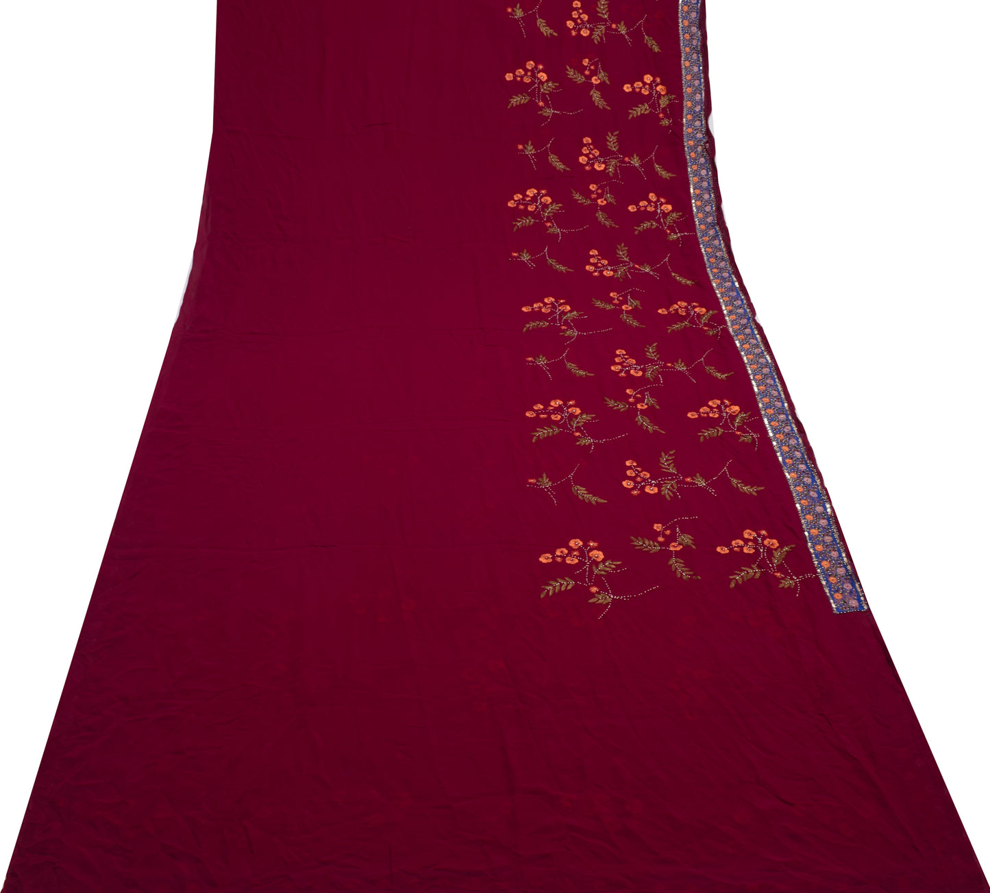 Sushila Vintage Maroon Saree 100% Pure Georgette Silk Hand Beaded Sari Fabric