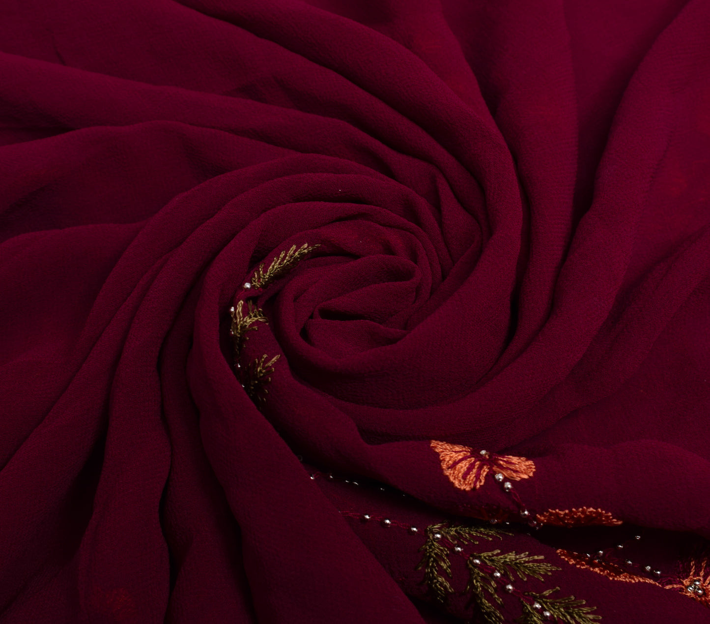 Sushila Vintage Maroon Saree 100% Pure Georgette Silk Hand Beaded Sari Fabric
