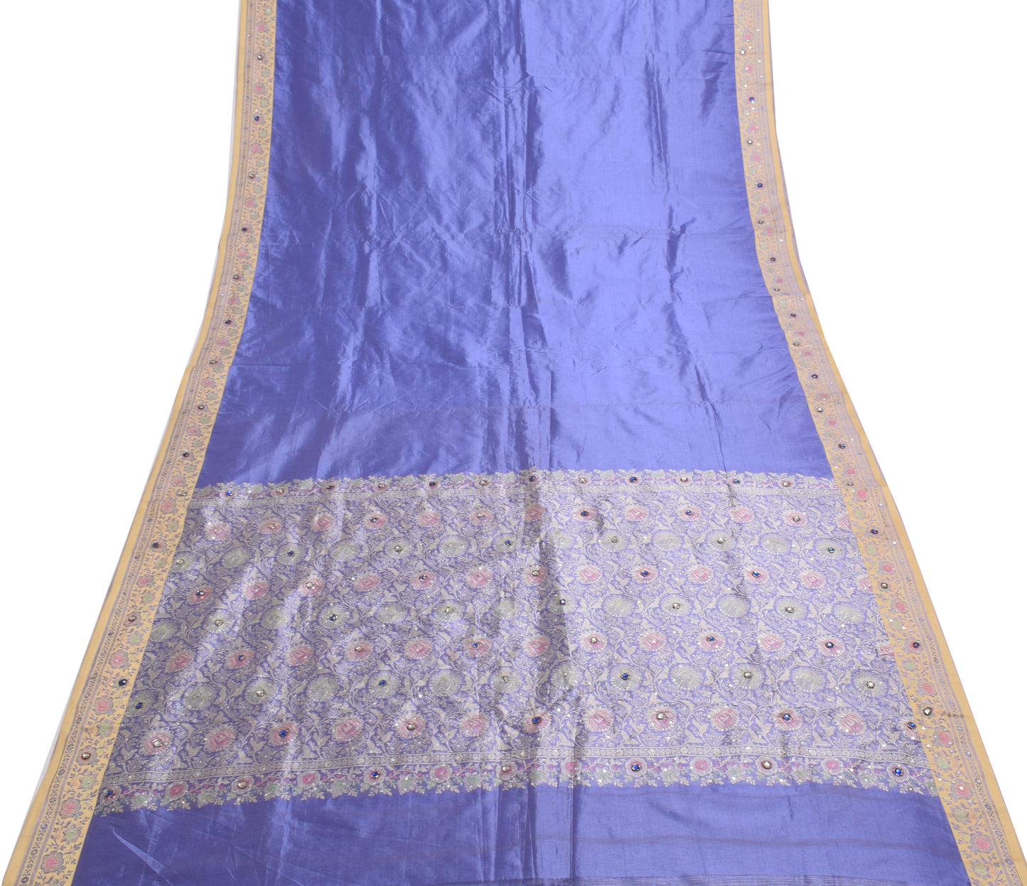 Sushila Vintage Blue Saree Art Silk Hand Beaded Floral Sari Craft Fabric