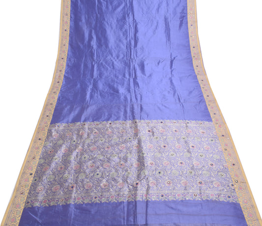 Sushila Vintage Blue Saree Art Silk Hand Beaded Floral Sari Craft Fabric