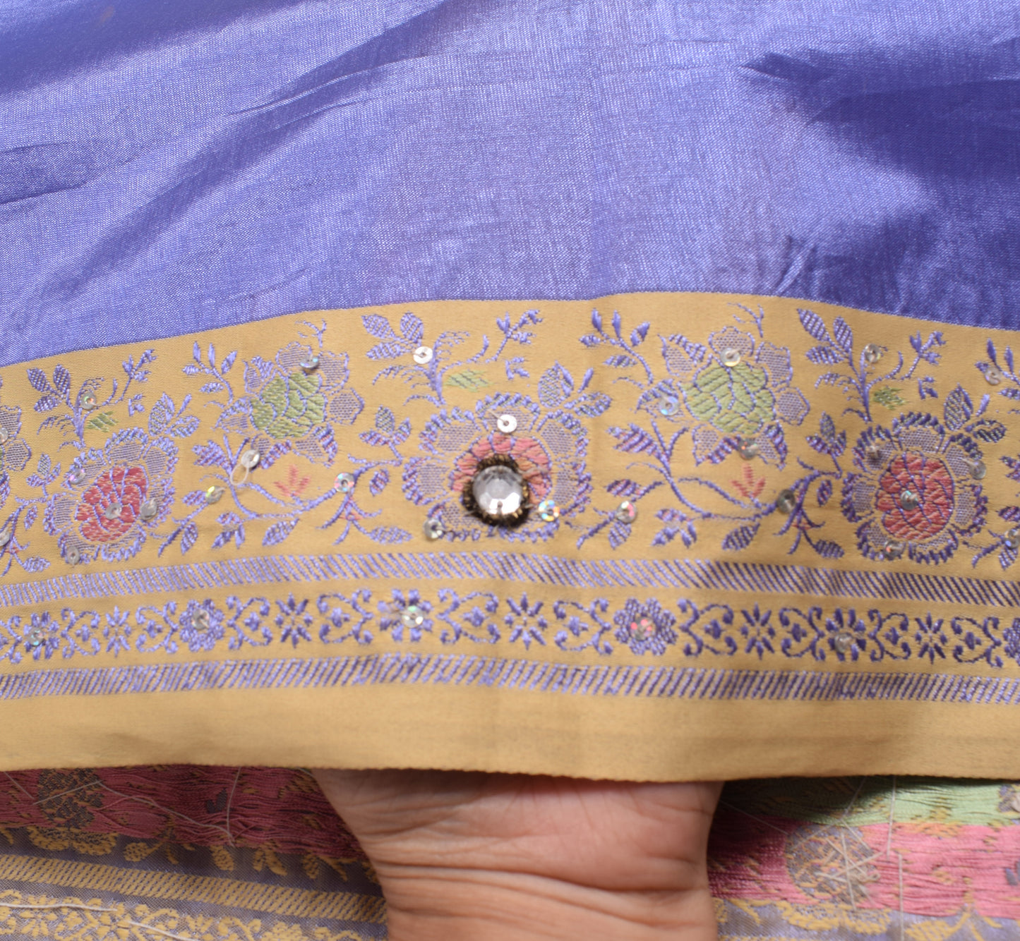 Sushila Vintage Blue Saree Art Silk Hand Beaded Floral Sari Craft Fabric