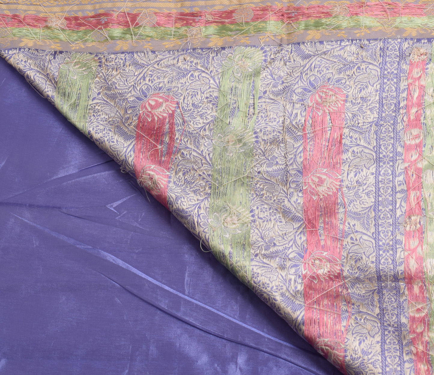 Sushila Vintage Blue Saree Art Silk Hand Beaded Floral Sari Craft Fabric